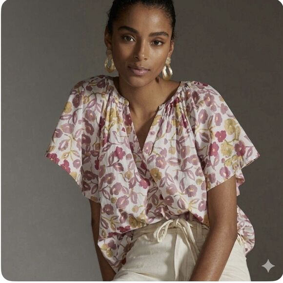 Velvet by Graham & Spencer Anthropologie Floral Flutter Sleeve Blouse NEW Large - Picture 1 of 6
